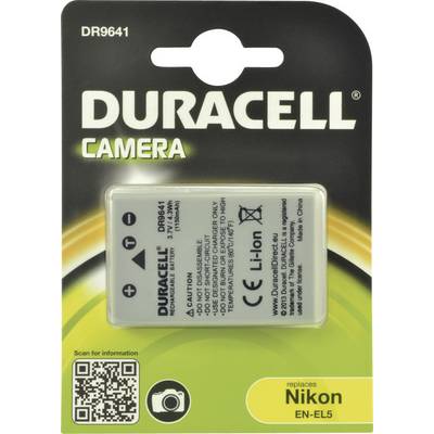 Batterie Duracell pour appareil photo, Modèle DR9641, Li-Ion, 7,4V, 1100mAh. Remplacement pour Nikon EN-EL5. Emballage avec code QR et informations.