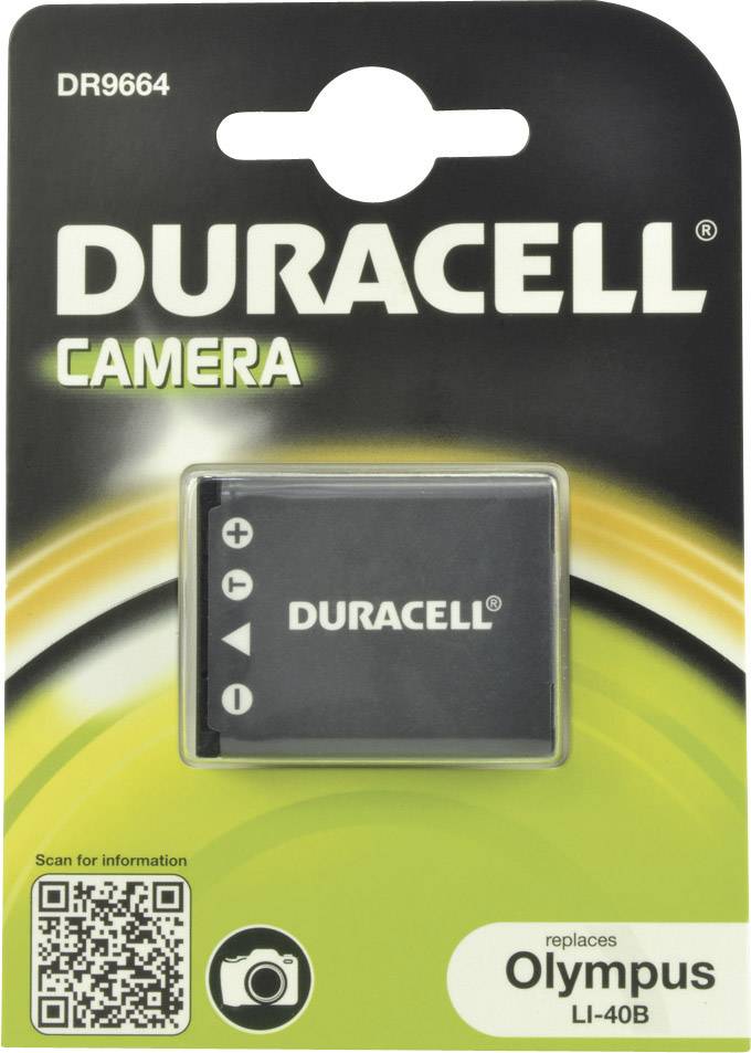 Batterie de caméra Duracell en blister. Compatible avec Olympus LI-40B. Contient un code QR pour plus d'informations.