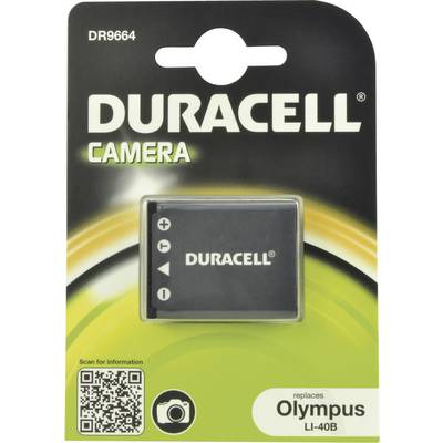 Batterie de caméra Duracell en blister. Compatible avec Olympus LI-40B. Contient un code QR pour plus d'informations.