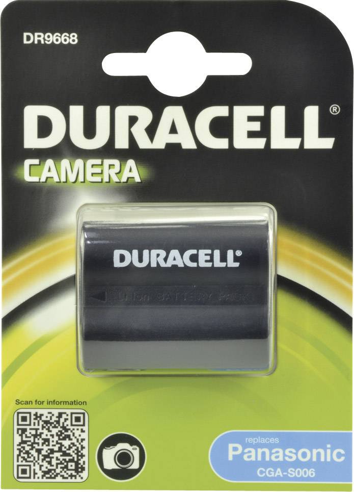 Batterie pour appareil photo Duracell DR9668, remplaçant Panasonic CGA-S006 sur emballage noir avec accent vert et code QR en bas à gauche.