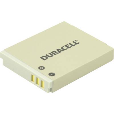 Une pile plate et rectangulaire de Duracell avec des marquages de pôles positif et négatif, des contacts jaunes sur un côté.