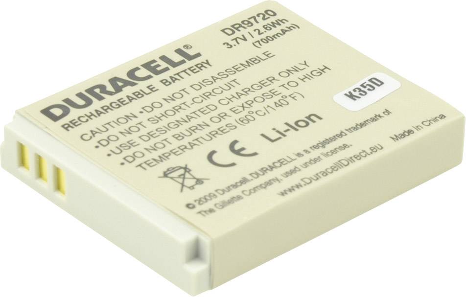 Batterie rechargeable Duracell (DR9720), 3,7V/2,6Wh, 700mAh. Avertissement : Ne pas démonter ou exposer au feu/à des températures élevées.