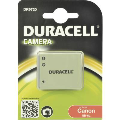 Batterie de caméra Duracell, modèle DR9720, remplaçant le Canon NB-6L, conditionnée dans un blister avec code QR et symbole de caméra.