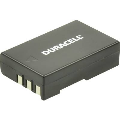 Une pile Duracell noire, rectangulaire avec trois contacts métalliques, sur une surface blanche.