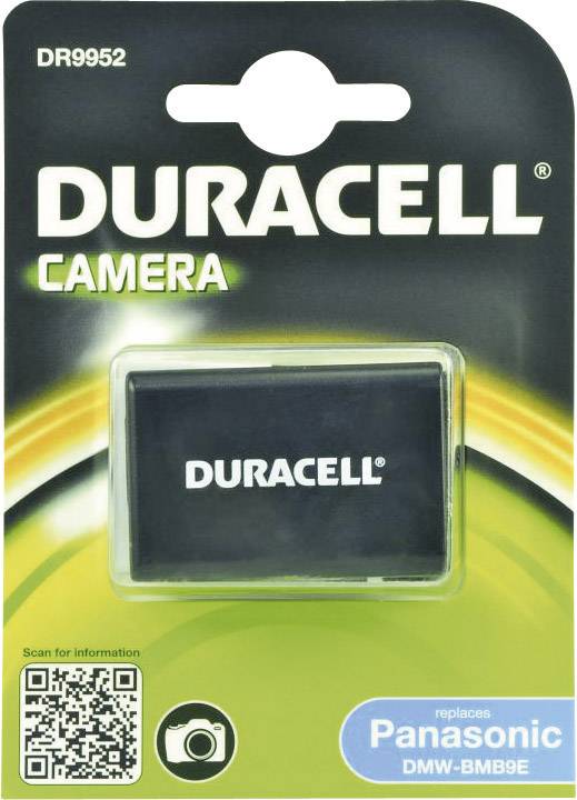 Batterie de caméra Duracell en emballage plastique, remplaçant la 'Panasonic DMW-BMB9E'. Fond vert, code QR en bas à gauche.