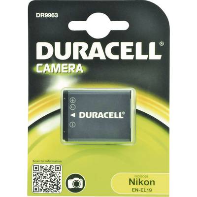 Batterie Duracell pour appareil photo dans son emballage. Compatible avec Nikon EN-EL19. Contient un code QR et un symbole d'appareil photo.