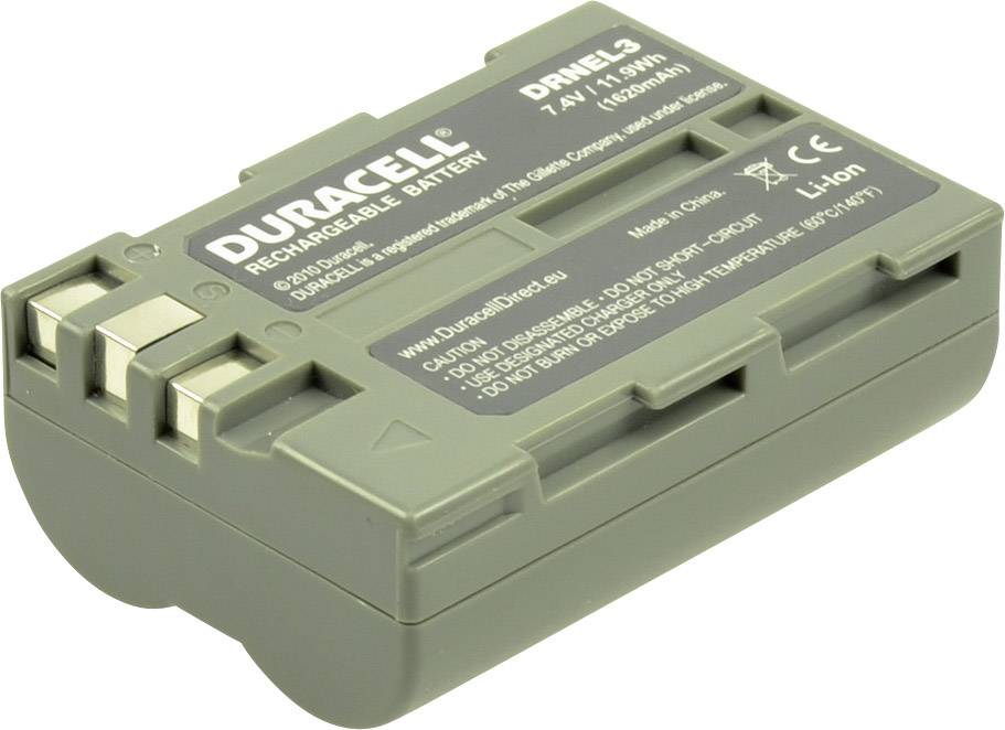 Une batterie rechargeable Duracell, modèle DRNEL3, adaptée aux appareils photo, 7,4 V, 1230 mAh, technologie Lithium-Ion.