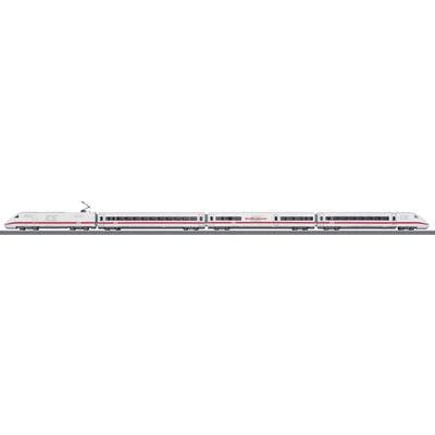 Un train à grande vitesse (ICE) circule sur un rail. Le train est blanc avec une bande rouge le long de son flanc.