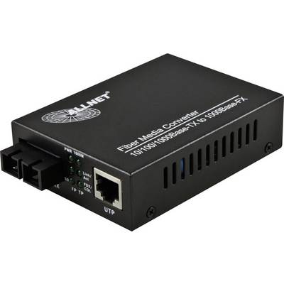 Convertisseur de média à fibre optique 'ALLNET' avec ports et voyants d'état, adapté aux réseaux 10/100/1000Base-TX et 1000Base-FX.