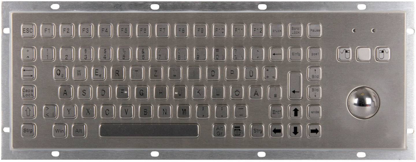 Clavier métallique industriel avec touches de fonction, pavé numérique et trackball à droite. Robuste et résistant à l'usure, idéal pour les environnements difficiles.