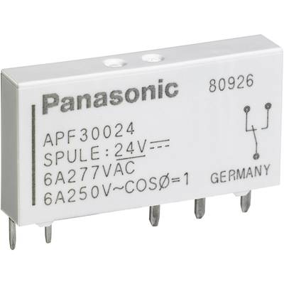 Un relais électrique blanc portant l'inscription 'Panasonic', caractéristiques techniques : bobine 24V, 6A 277VAC, 6A 250V~ COSØ=1, fabriqué en Allemagne.
