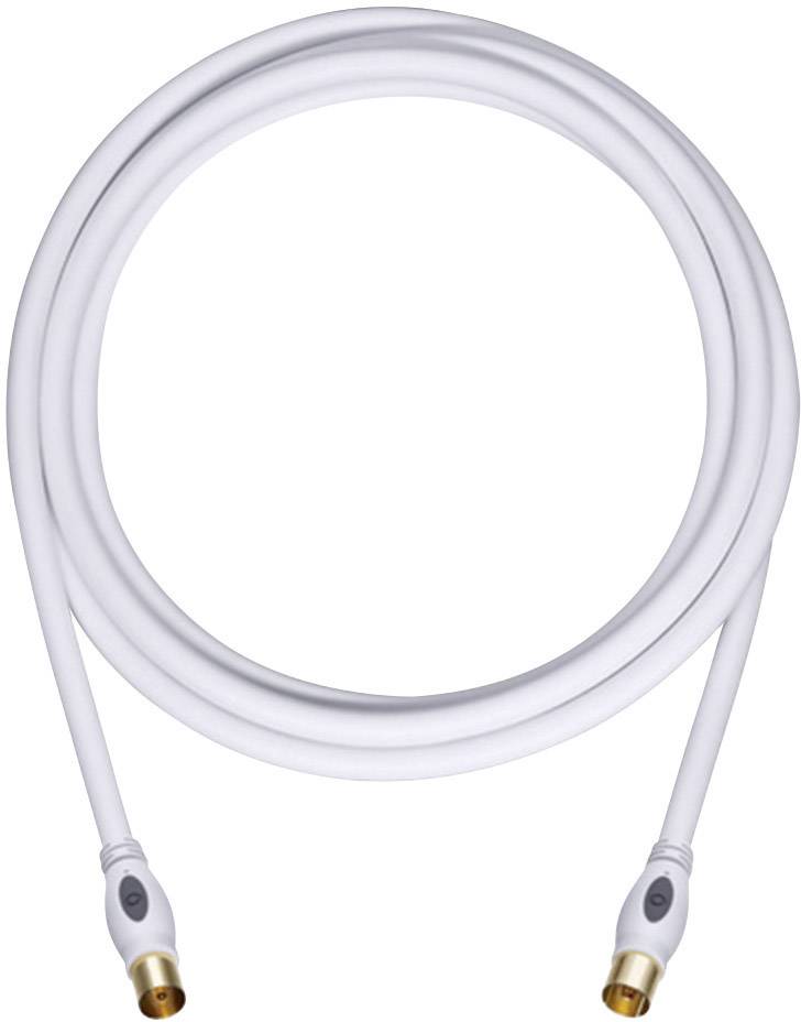 Câble coaxial blanc avec fiches dorées aux deux extrémités, adapté pour la connexion de téléviseurs ou de récepteurs satellites.