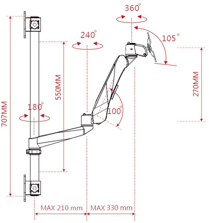 Instructions de montage pour un support de moniteur : montre les dimensions et les angles maximaux de pivotement et d'inclinaison. Hauteur maximale 707 mm.