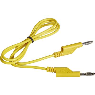 Câble banane jaune avec deux fiches, typiquement utilisé dans les environnements de laboratoire ou pour des expériences électroniques.