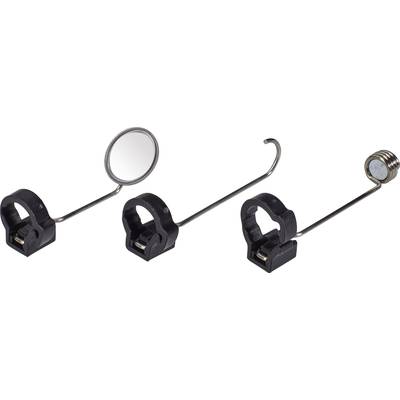 Trois supports noirs avec de longs bras métalliques, chacun équipé d'un miroir, d'un crochet et d'un aimant à l'extrémité. Adaptés pour la fixation d'outils.