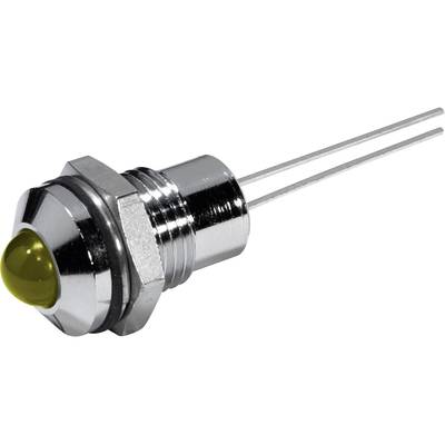 Petit interrupteur métallique chromé avec voyant LED rond jaune. Deux broches métalliques dépassent de l'arrière, adaptées aux circuits électroniques.