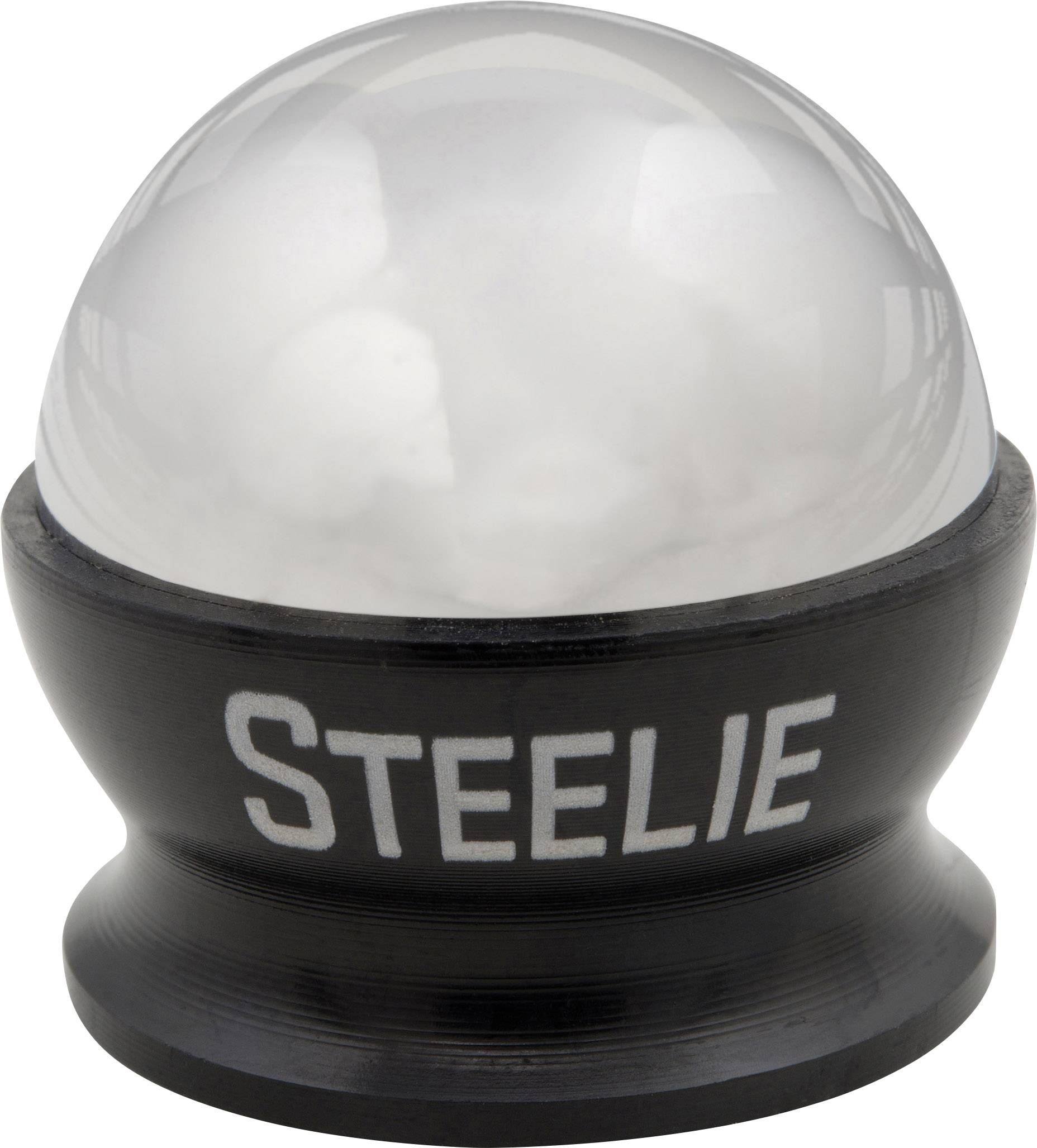 Support de téléphone en forme de boule d'acier sur un socle noir portant l'inscription 'STEELIE'. Fonctionne comme un support magnétique.