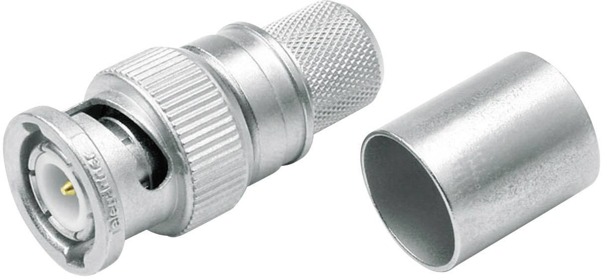 Un connecteur BNC métallique avec un élément de boîtier séparé.