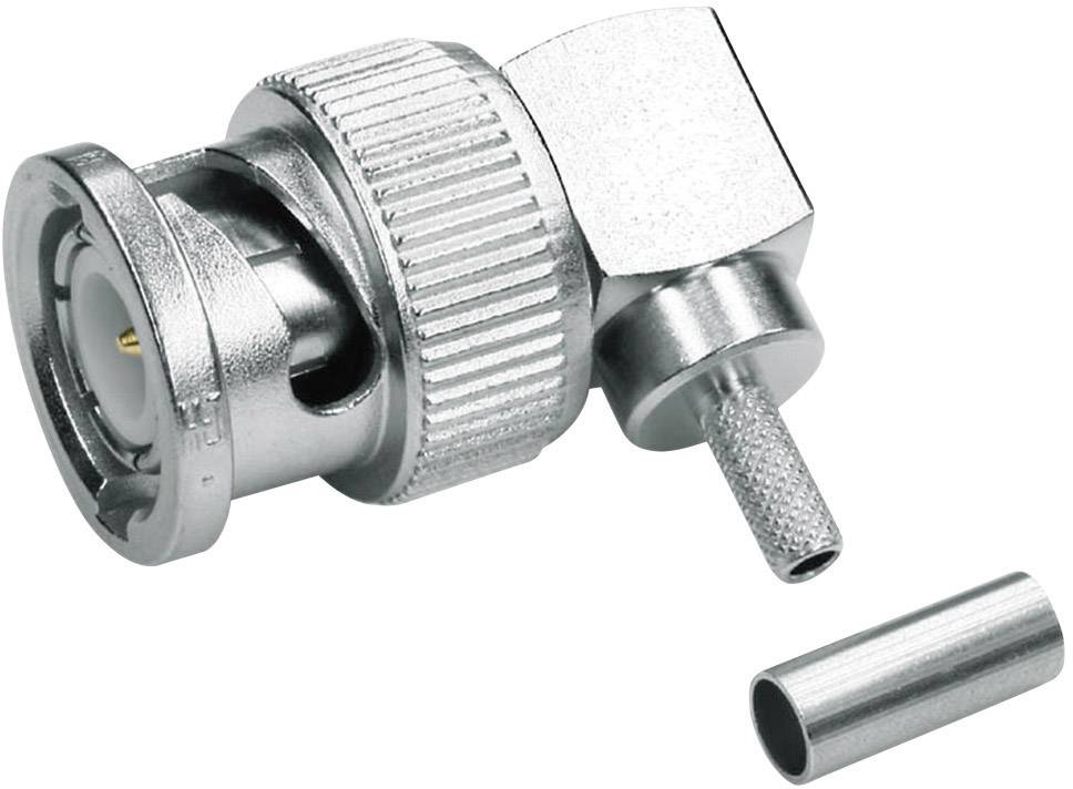 Connecteur BNC en métal avec connexion coudée et gaine de câble séparée à côté, adapté pour les connexions de câbles coaxiaux.