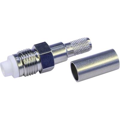 Un connecteur coaxial en argent avec un boîtier métallique attaché, sur fond blanc.