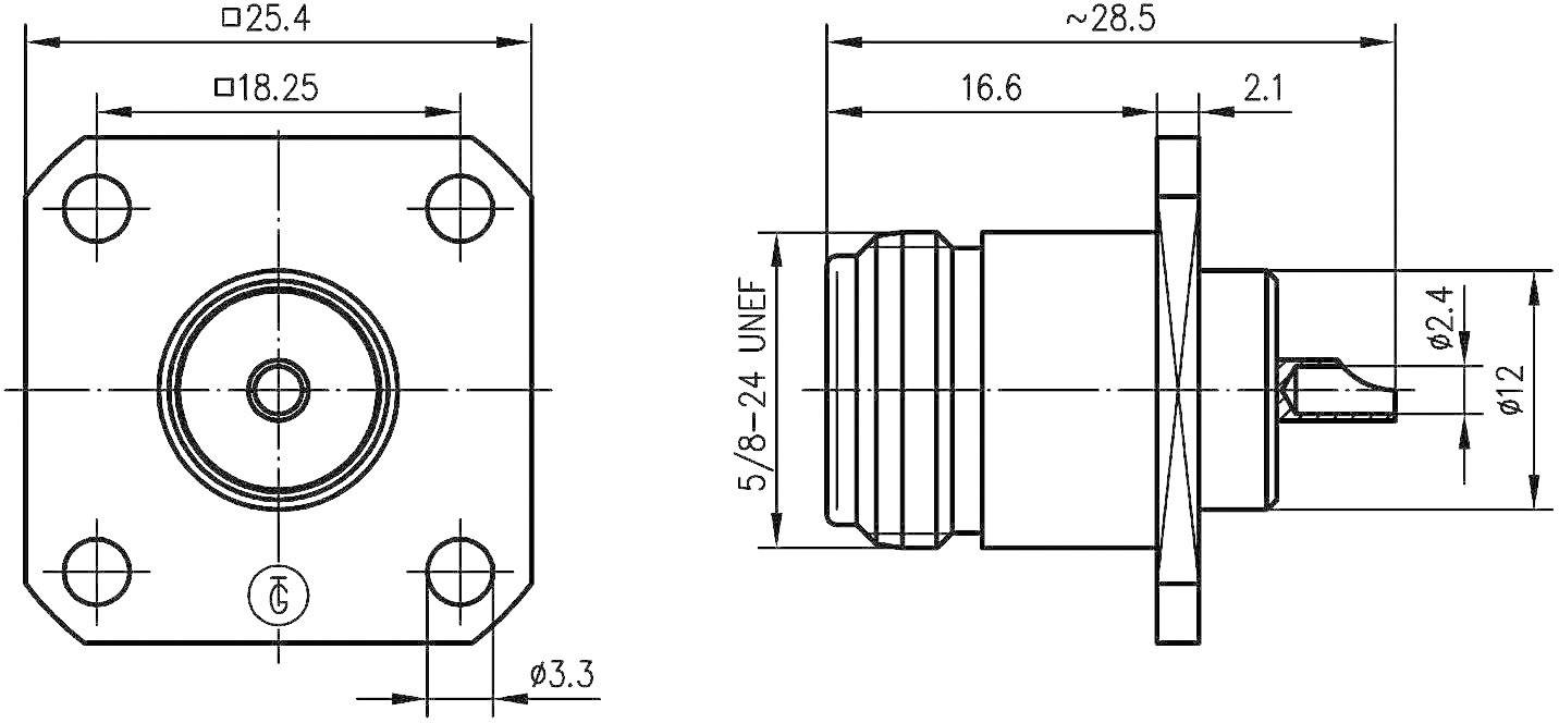 Dessin technique d'un connecteur électrique avec dimensions en millimètres. Vue de face et vue latérale avec détails.