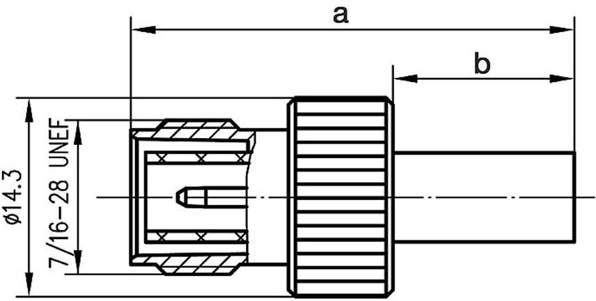 Dessin technique d'un connecteur avec dimensions : Diamètre 14,3 mm, Raccordement 7/16-28 UNEF. Parties a, b marquées.