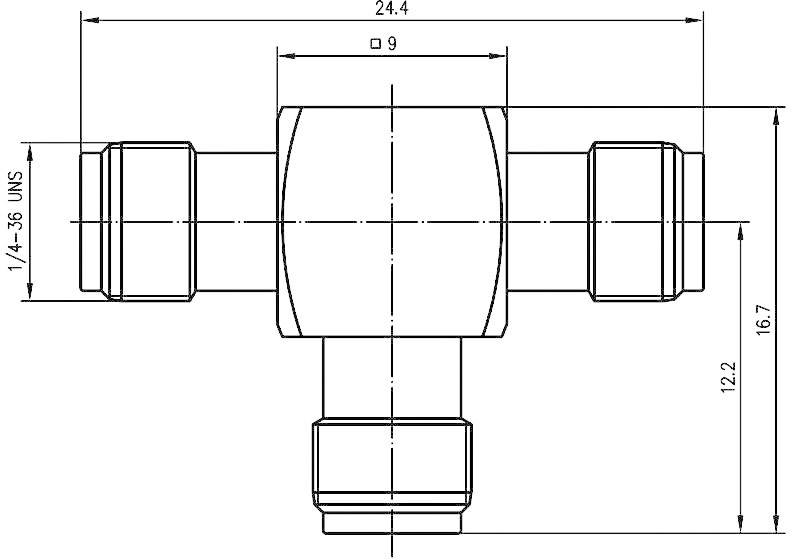 Dessin technique d'un té avec dimensions : longueur totale 24,4 mm, hauteur 16,7 mm, épaisseur 9 mm. Raccords 1/4–35 UNS.