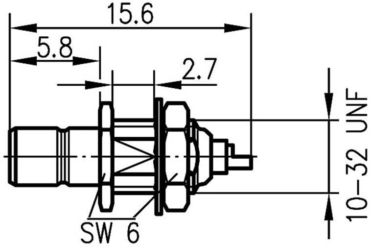 Dessin technique d'un composant avec dimensions : Longueur 15,6 mm, Largeur 5,8 mm, autres dimensions 2,7 mm, Type de filetage 10-32 UNF.