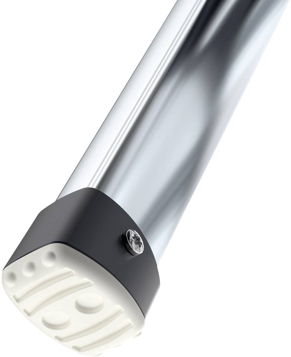 Un tube cylindrique brillant avec un capuchon noir et une vis, probablement une partie d'un meuble ou d'une structure.