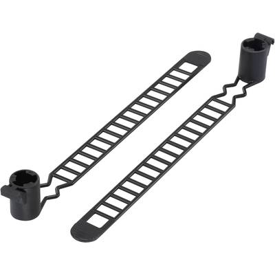 Deux bandes en plastique noir avec des subdivisions en forme de losange et des extrémités arrondies, probablement destinées à la fixation ou servant de support.