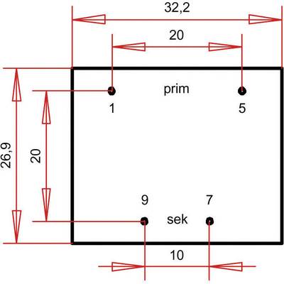 Diagramme d'un objet rectangulaire avec quatre points marqués. Étiquettes : prim au point 5, sek au point 7. Dimensions : 32,2 et 26,9.