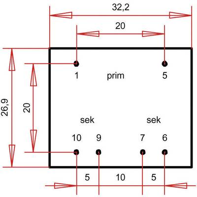 Rectangle de 32,2 x 26,9. Marqué en haut avec 'prim' à 1 et 5, en bas 'sek' à 10, 9, 7, 6. Dimensions et distances en rouge.