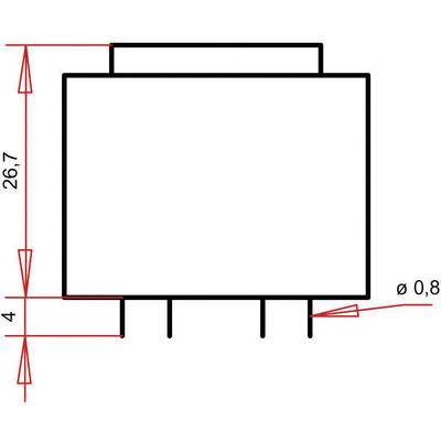 Dessin technique d'un composant rectangulaire avec les dimensions suivantes : hauteur 26,7 mm, largeur 4 mm, et un diamètre de 0,8 mm.