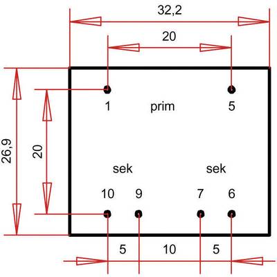 Esquisse de schéma rectangulaire de dimensions 32,2 cm x 26,9 cm. Marqué 'prim' en haut, 'sek' en bas. Points numérotés le long des bords.