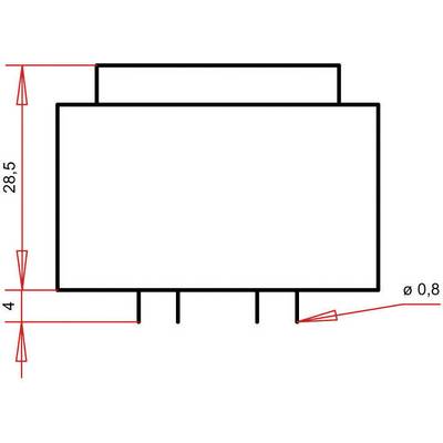 Dessin technique d'un composant rectangulaire avec cotation : largeur 28,5 mm, hauteur 4 mm, et diamètre de 0,8 mm à un point.