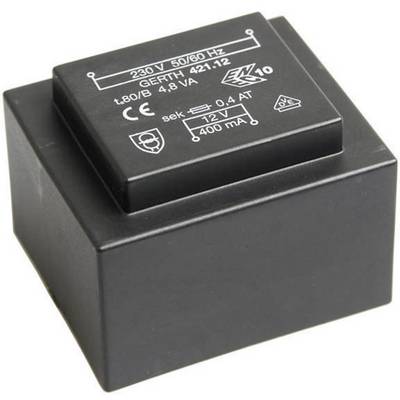 'Transformateur noir avec inscription : 230 V 50/60 Hz, 12 V 400 mA, symboles de protection. Forme : rectangulaire, compact.'