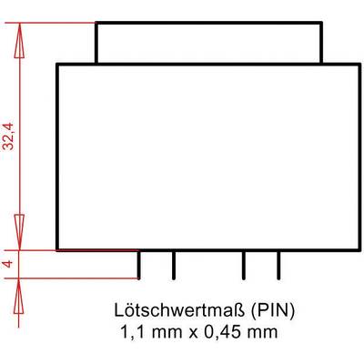 Diagramme d'un composant rectangulaire avec trois broches en bas. Légende : 'Taille de soudure (broche) 1,1 mm x 0,45 mm'. Dimensions : largeur 32,4 mm, hauteur 4 mm.