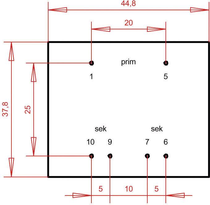 Schéma de circuit d'un composant rectangulaire avec bornes primaires 1 et 5 en haut, bornes secondaires 10, 9, 7, 6 en bas, dimensions indiquées.
