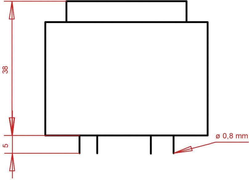 Dessin technique d'un composant rectangulaire avec deux dimensions : hauteur 38 mm, largeur 5 mm. Diamètre du trou 0,8 mm.