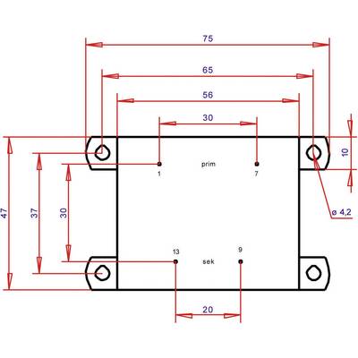Dessin technique d'un objet rectangulaire avec dimensions en millimètres : Largeur 75, Hauteur 47. Marquages : prim, sec avec détails.