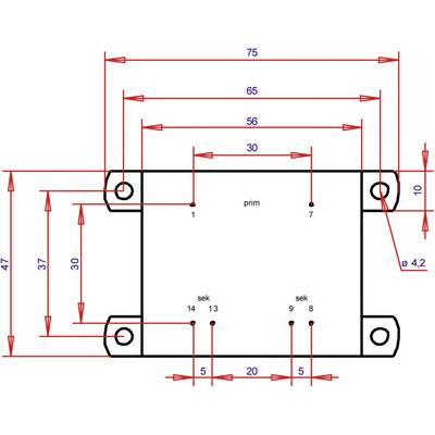 Dessin technique d'une pièce rectangulaire avec plusieurs dimensions et points. Dimensions indiquées en millimètres.