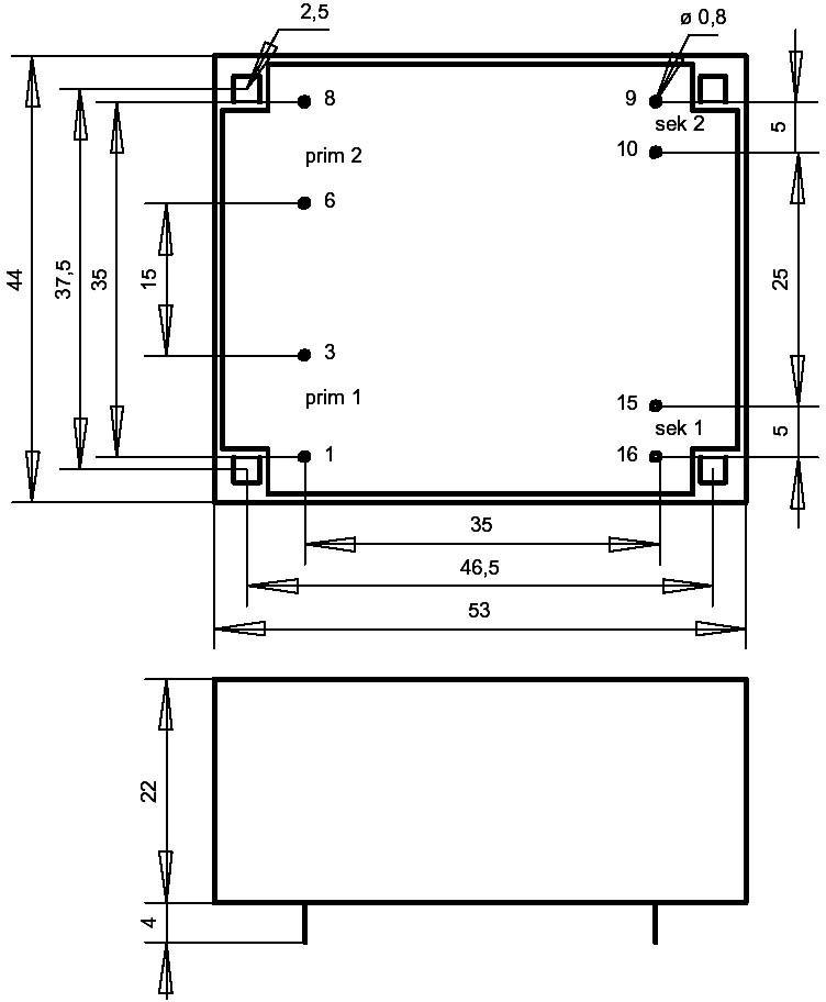 Dessin technique d'un objet rectangulaire avec ses dimensions ; les dimensions principales sont de 53x44. Contient des spécifications incluant des marquages primaires et secondaires.