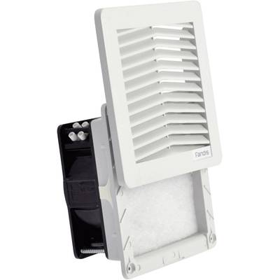 Grille de ventilation avec filtre ouvert et vue sur le raccordement électrique, destinée à la ventilation et au filtrage des appareils ou des armoires électriques.