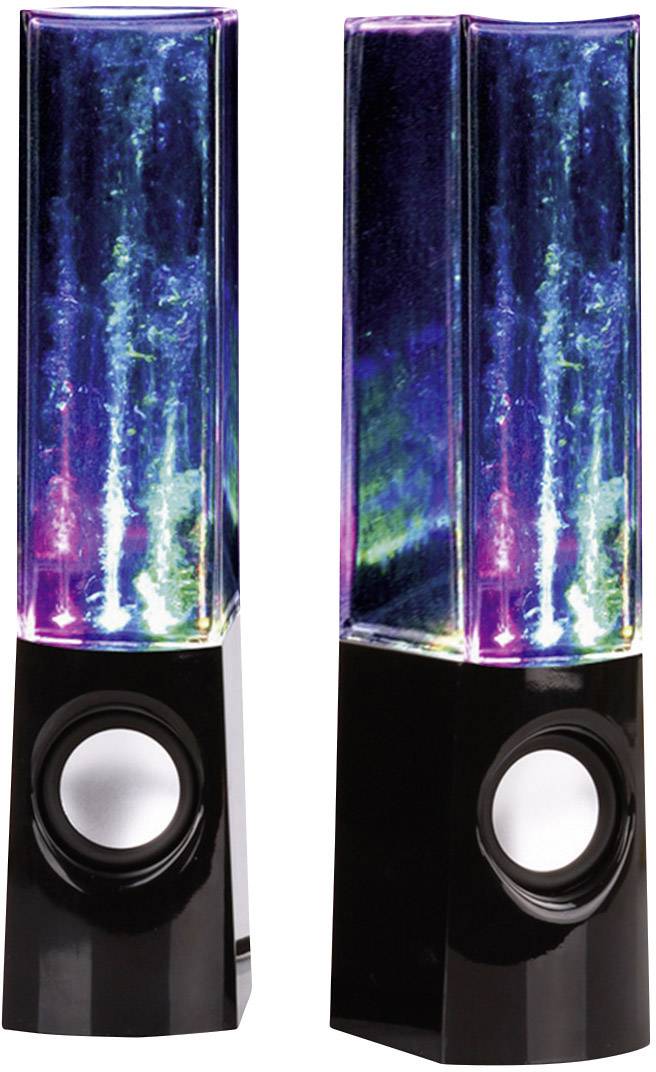 Deux haut-parleurs à boîtier transparent avec effet lumineux aquatique coloré en mouvement, dotés de bases noir brillant avec haut-parleur intégré.