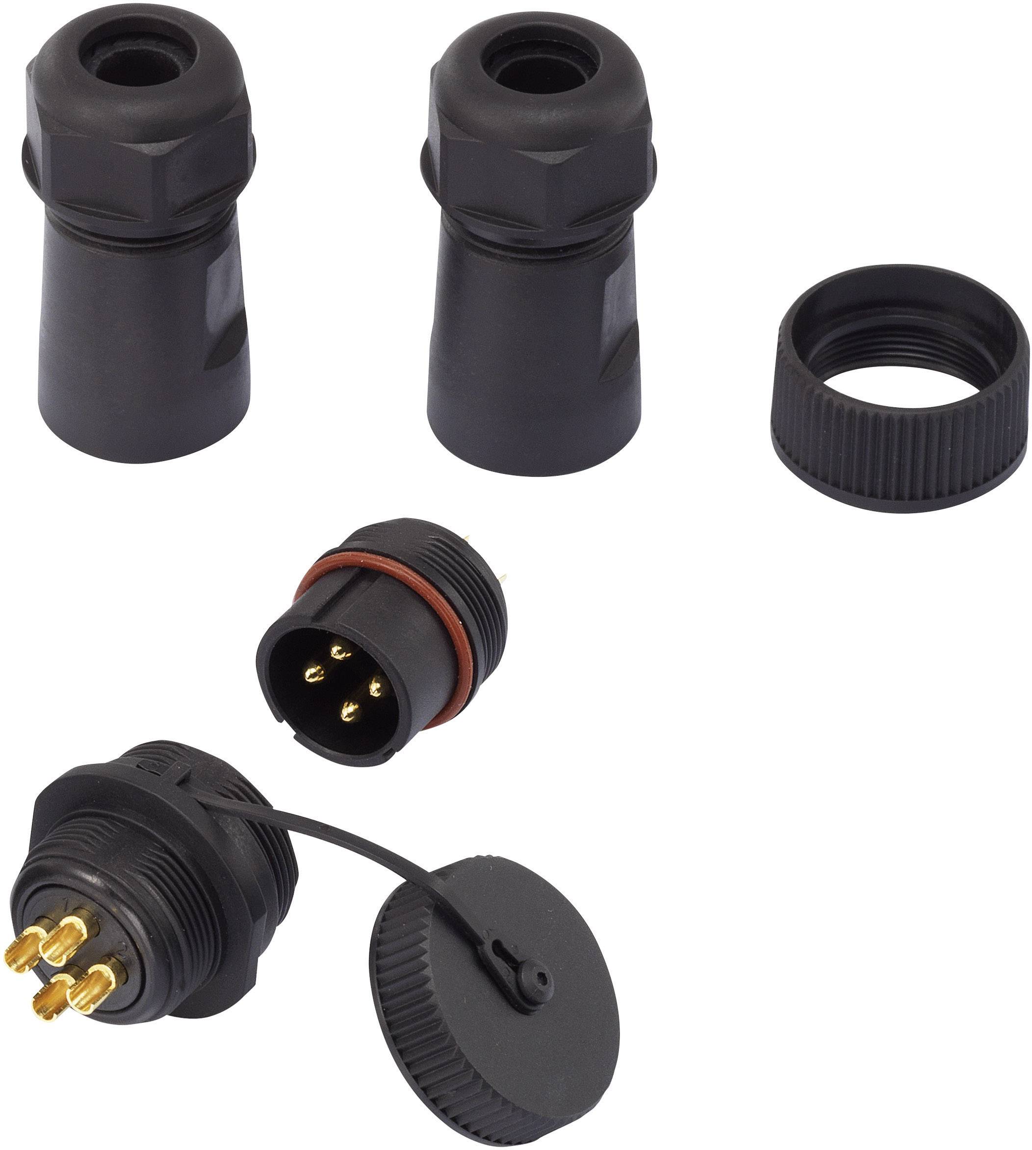 Connecteurs cylindriques noirs et écrous. L'un des connecteurs est ouvert et révèle des broches dorées. Utilisés dans des applications industrielles.