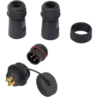 Connecteurs cylindriques noirs et écrous. L'un des connecteurs est ouvert et révèle des broches dorées. Utilisés dans des applications industrielles.
