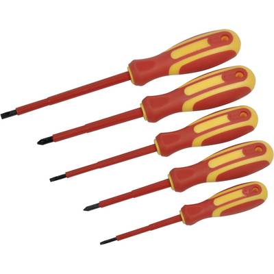 Cinq tournevis avec des poignées orange-rouge de différentes tailles, disposés côte à côte.