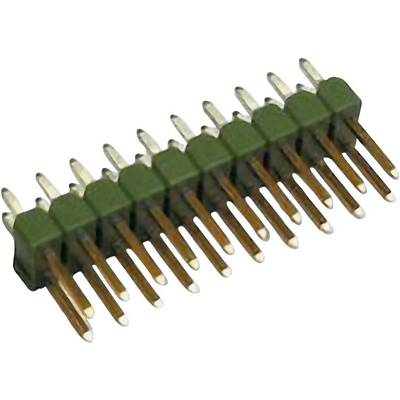 Gros plan d'un barrette de connexion à double rangée avec plusieurs broches dorées alignées en deux rangées parallèles, sur un fond transparent.