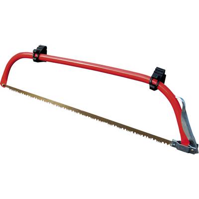 Une scie à archet rouge avec une lame dentelée et une poignée en métal, adaptée pour couper du bois.