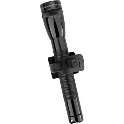 Une lampe de poche noire avec une poignée texturée, fixée à un support à clip.